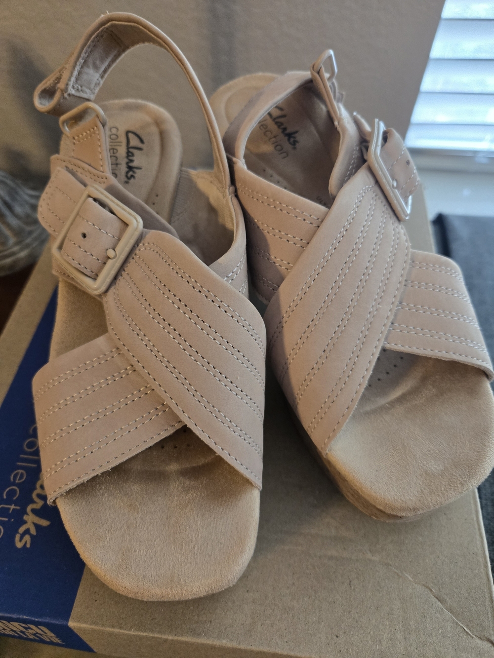 Clarks Women's Light Beige Suede Cross-Strap Slingback Sandals